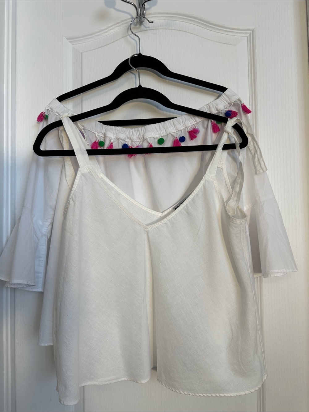 Bundle of Zara top and Forever 21 White Off-Shoulder Top with Pink Tassels